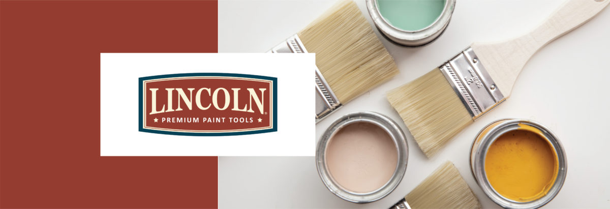 Four paintbrushes beside open cans of paint in various colors, including teal, beige, and yellow. The ‘Lincoln Premium Paint Tools’ logo is prominently displayed on the left side of the image, with a dark red background.