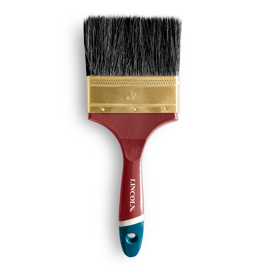 a 4" paint brush with black bristles, a golden cuff, and a red handle against a white background