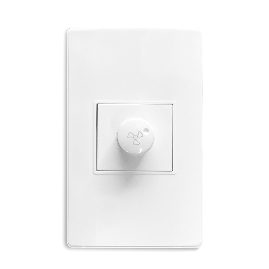 a white wall-mounted dimmer switch on a white background, featuring a circular knob with a symbol indicating fan control.