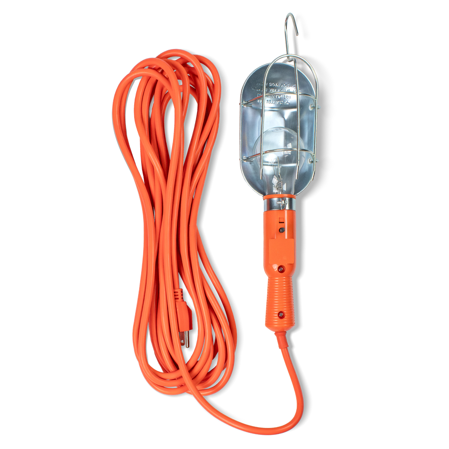 orange extension cord connected to a metal work light and hook on the top, against a white background