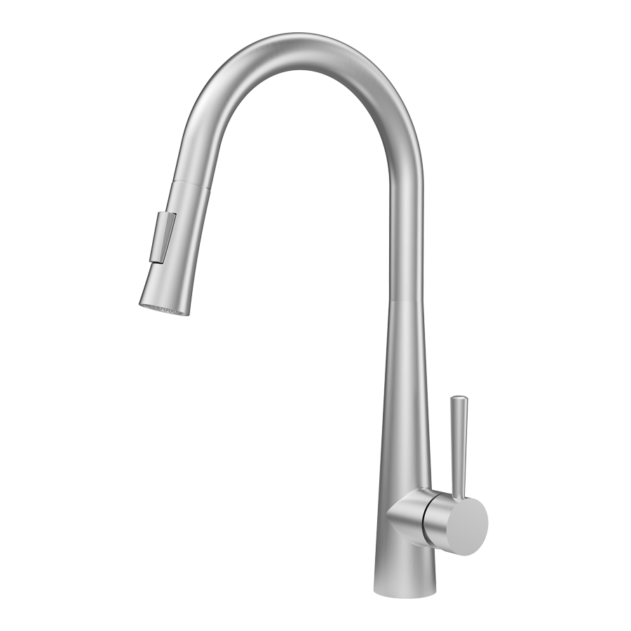 stainless steel kitchen faucet with multiple spray settings, single handle, on white background