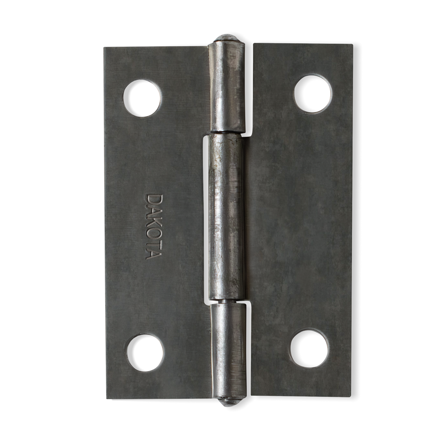 A close-up of a steel door hinge featuring holes and a sturdy metal plate, showcasing its industrial design and functionality.