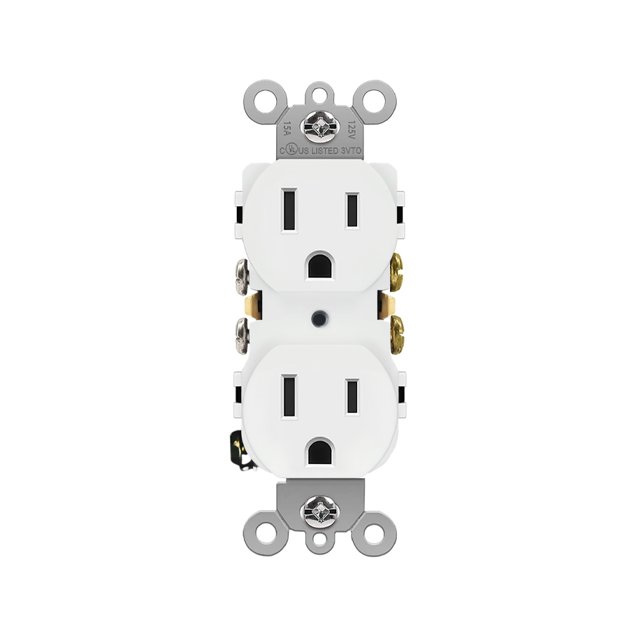 A white electrical outlet featuring two individual sockets for plugging in devices. USA compatible.