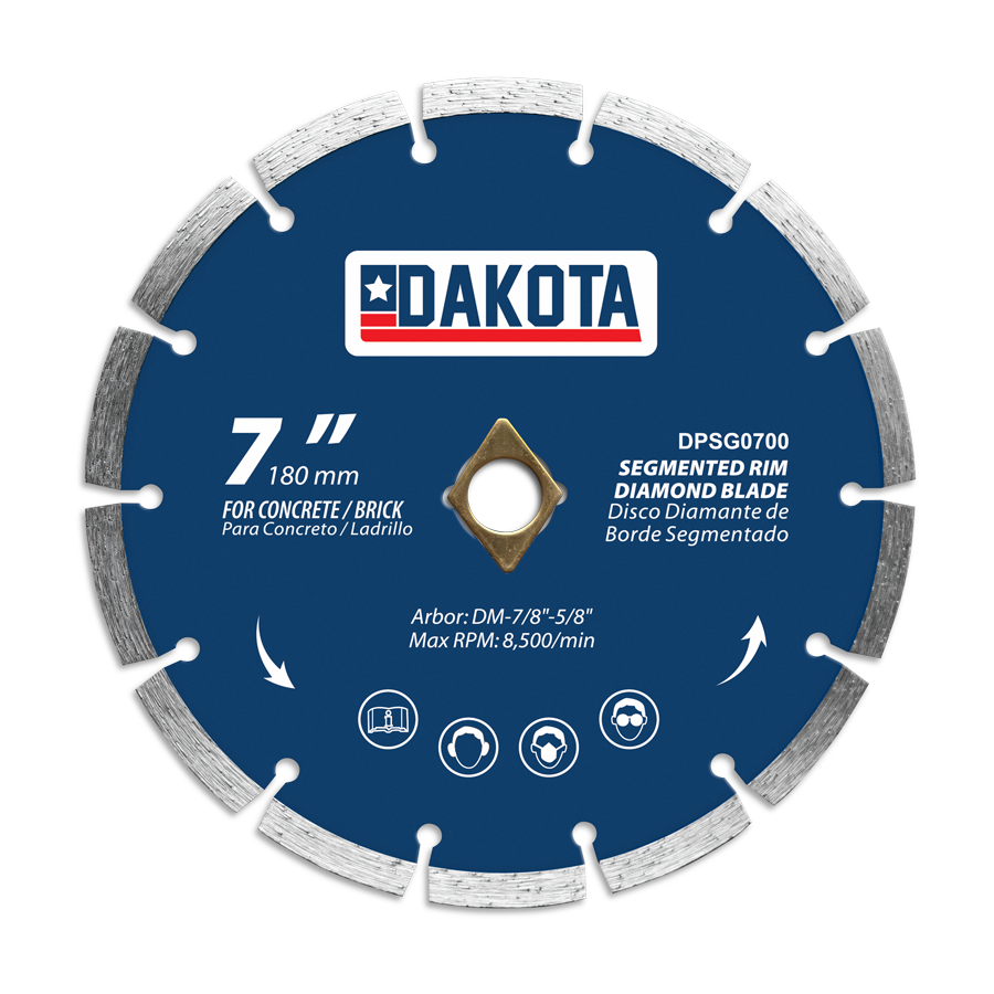 A Dakota 7-inch diamond blade designed for precision cutting in various materials. blue label, metal diamond edge