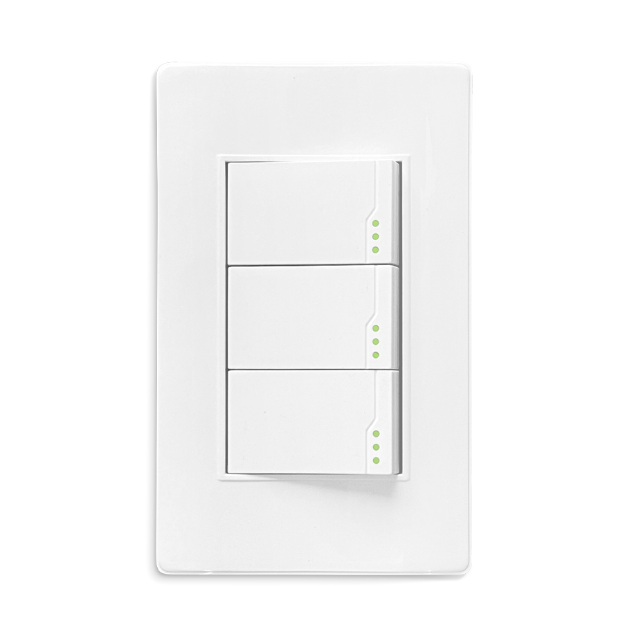 3 Gang rocker light switch with indicator lights for which switch is active, against a white background