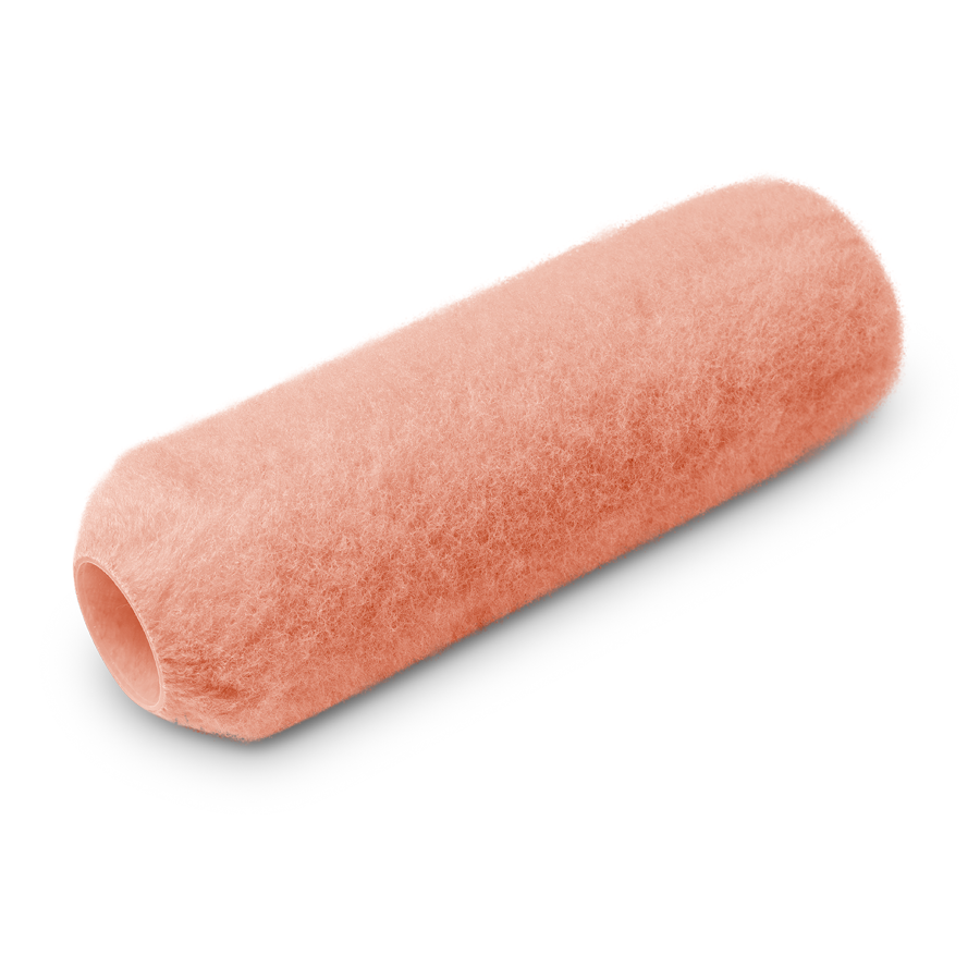 A paint pink roller placed on a clean white background, showcasing its vibrant color and texture.