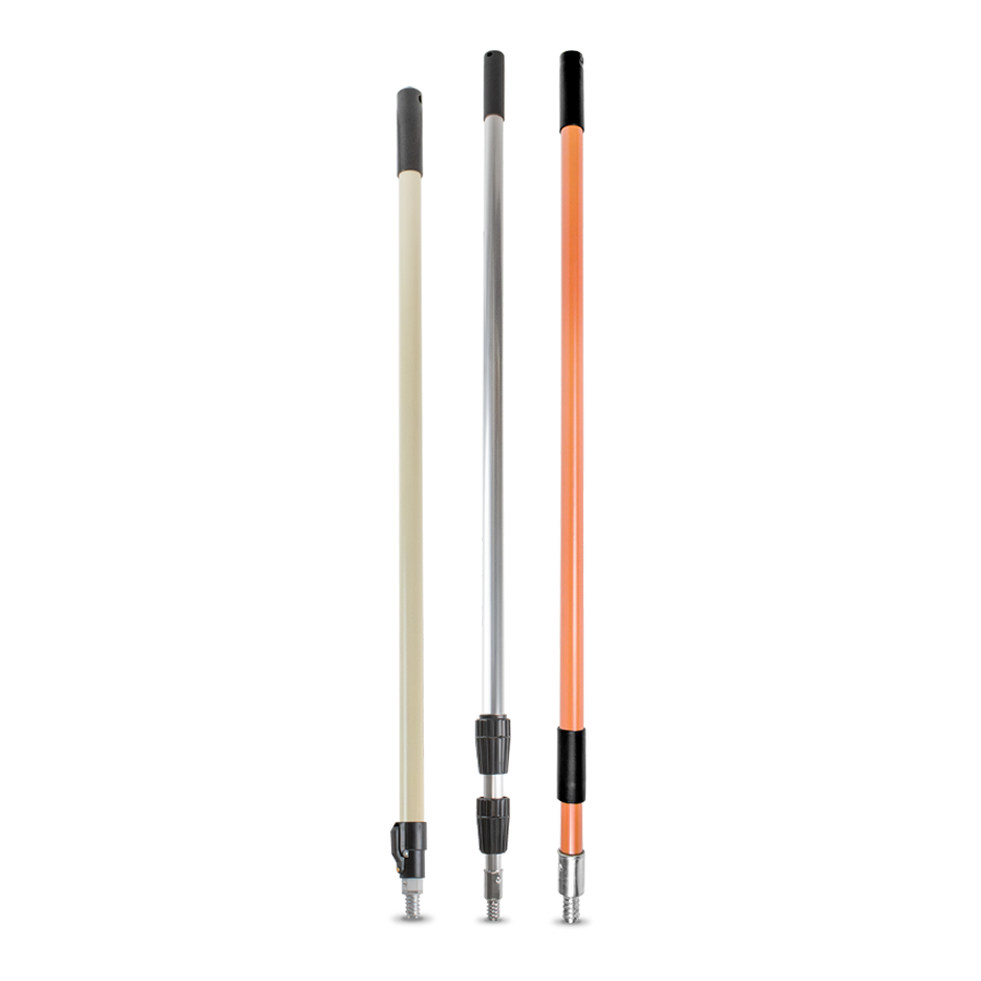 Three metal extension poles in varying colors, showcasing distinct designs and finishes, standing side by side against a neutral background.