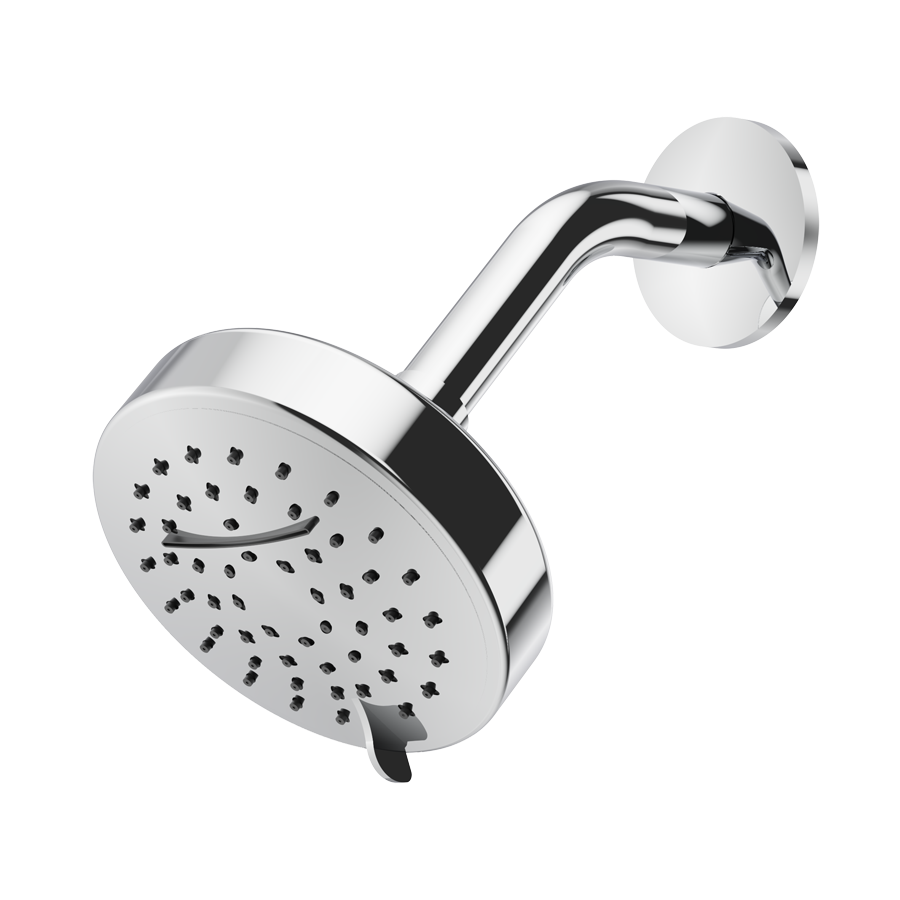 chrome plated 2 setting, shower head set with 6" arm and flange included, on white background