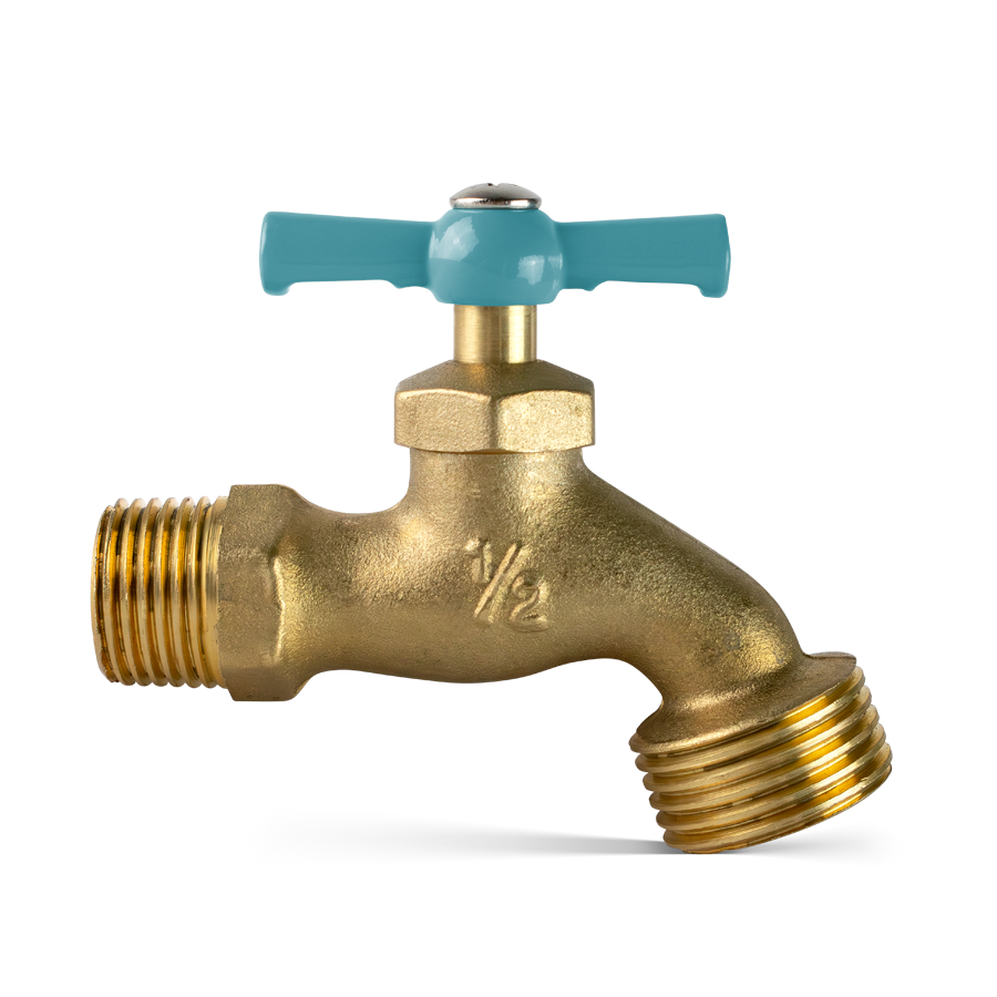 brass bibcock valve, water hose bib, with aqua rubberize handle on top