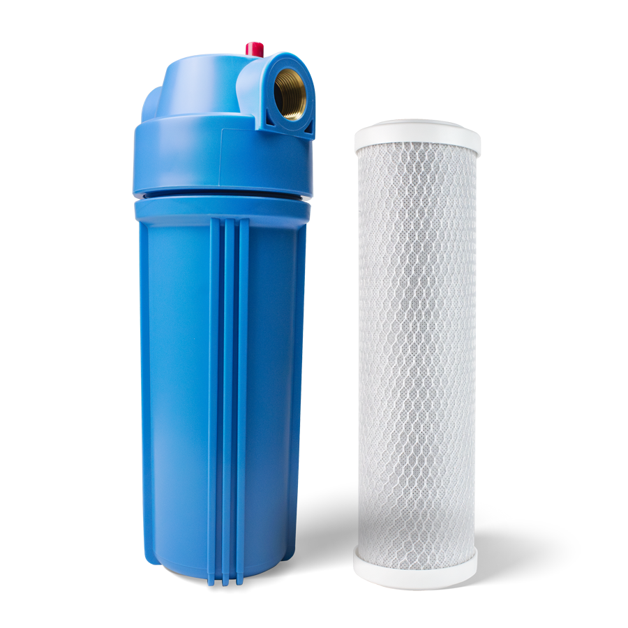 blue water filter purification housing, standing next to a white new water filter