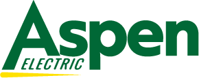 Aspen Electric logo with green bold lettering, featuring a stylized letter ‘A’ and a yellow underline beneath the word ‘Electric.’