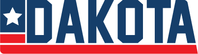 Dakota logo with bold navy blue lettering, featuring a star symbol in the letter ‘D’ and a red underline running beneath the entire word.