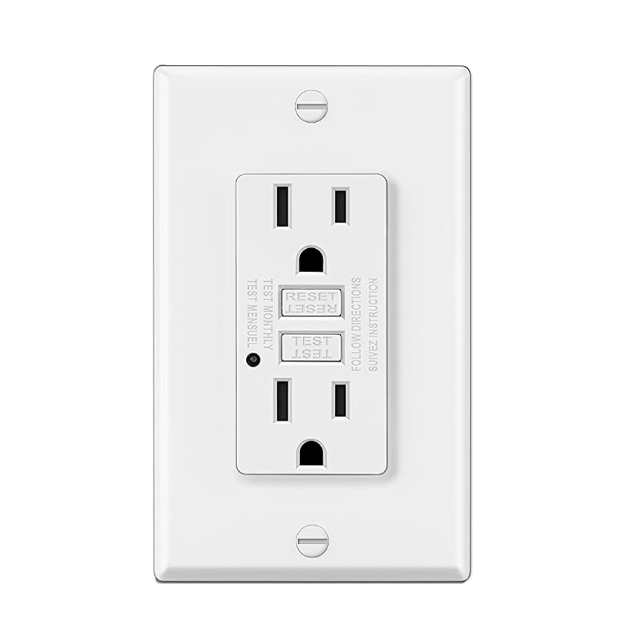 A GFI white electrical outlet featuring two individual sockets for plugging in devices. USA compatible. 'TEST' and 'RESET' can be read on the middle buttons