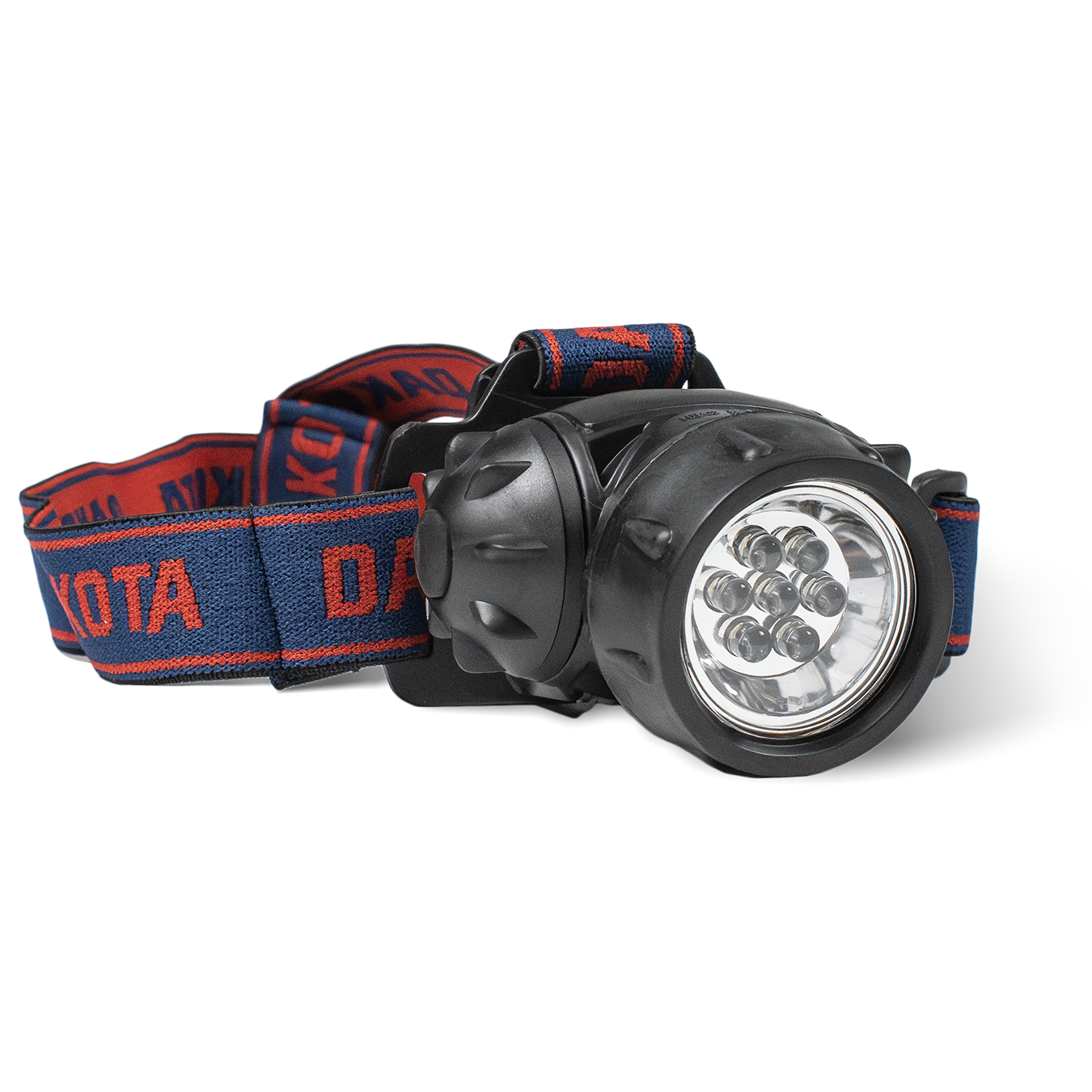 LED headlamp with blue and red elastic straps that read 'DAKOTA', lays on a white background