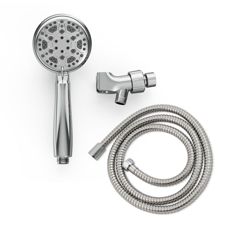 chrome plated handheld showerhead with multiple settings, the wall bracket and 60" stainless steel hose all lay flat on white background