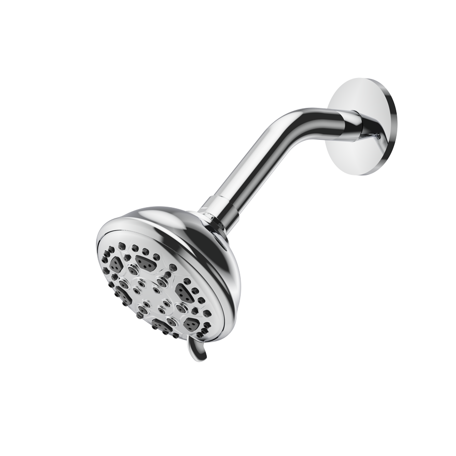 chrome plated showerhead set with multiple spray settings and showerarm and flange included, on white background