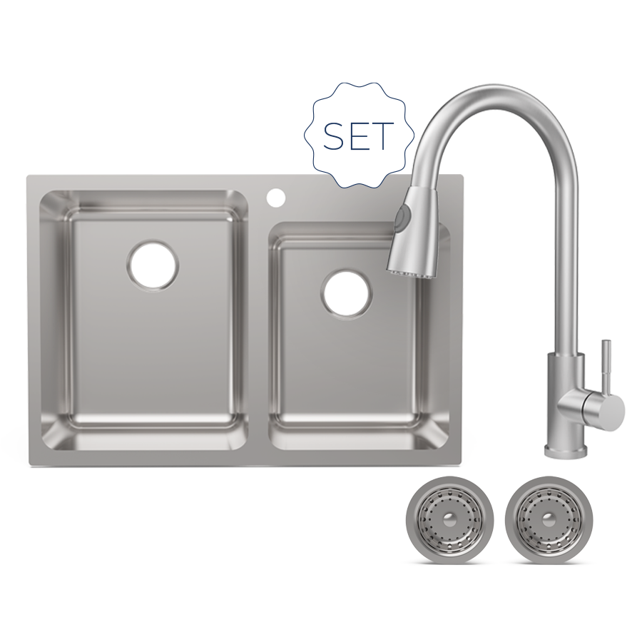 stainless steel double bowl sink overhead, with a pull down stainless steel kitchen faucet, and two sink strainer drains, on white background. in a circle ontop of everything is the word "set" showing these items are sold together.